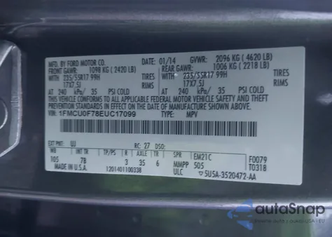 2014 Ford Escape S из США, поврежденный, VIN 1FMCU0F78EUC17099